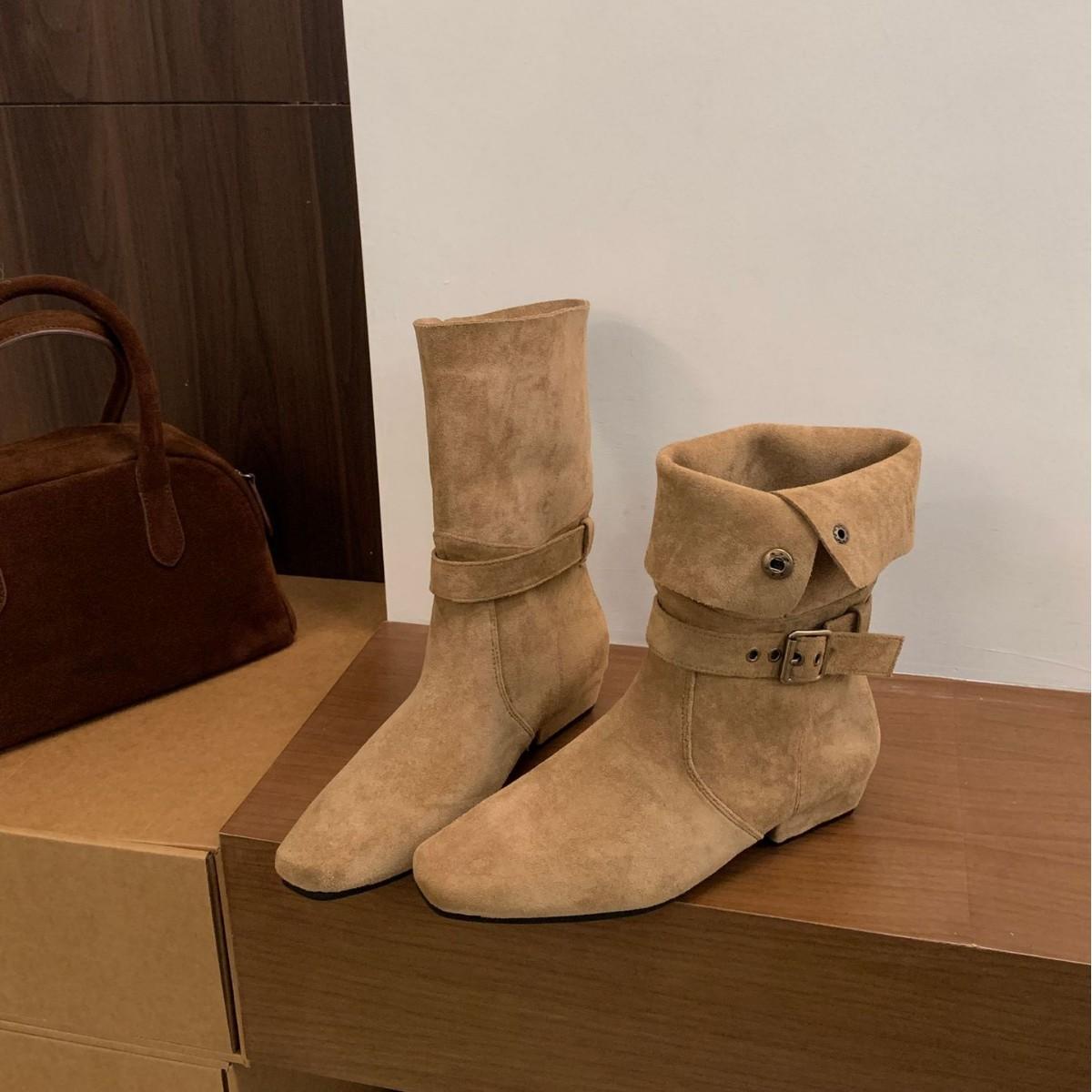 

2025 winter new suede low tube button thick heel two wear low tube Martin fashion women s short boots 39 чёрный