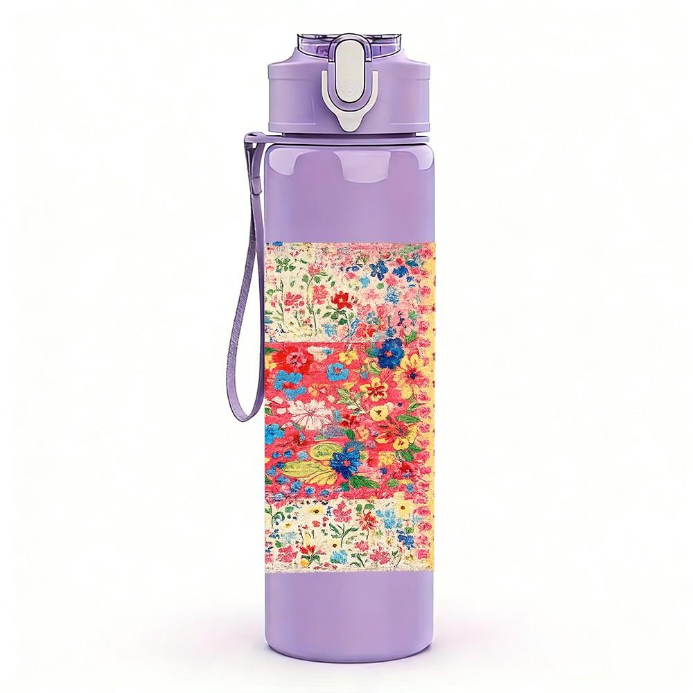 1PC Boho Patchwork Quilt Textile Print 750ml Color Plastic Sports Water Bottle Leakproof Flip Straw Lid Suitable for Sports Office Home Use