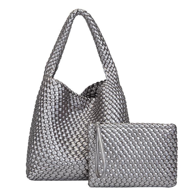 New hand-woven large-capacity PU leather women's bag, casual handbag, mother-and-daughter shoulder bag, wholesale