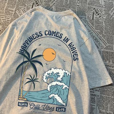 Happiness Comes In Waves Printing Men Women Clothes Fashion Loose Tops Creativity Casual T Shirt Pattern Loose Tshirts Couple