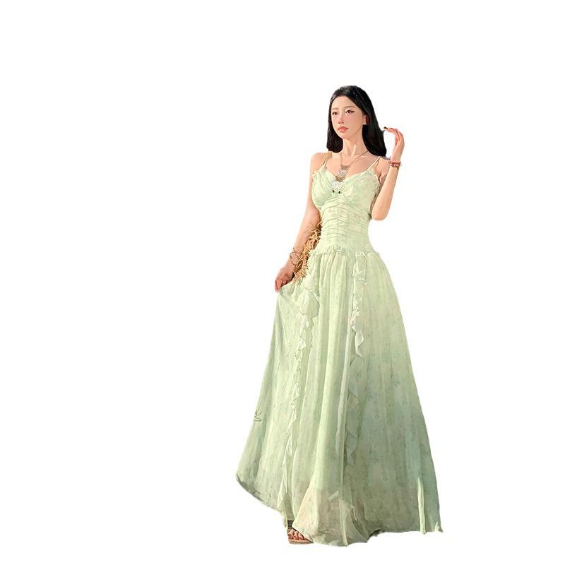 Women's Mint Green Floral French-Style Suspender Dress with Ruffle Waist