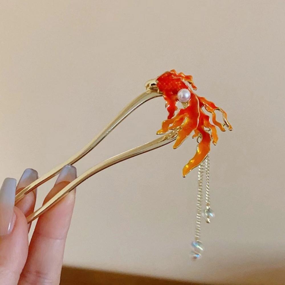 Chinese Style Metal Red Fish U-Shape Hair Sticks for Women Vintage Tassel Beads Hair Forks Hanfu Wedding Party Hair Accessories
