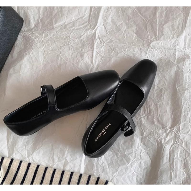Shoes the Ro * Square Head Leather Buckle with Flat Bottom Mary Jane Women's Single Shoes Spring