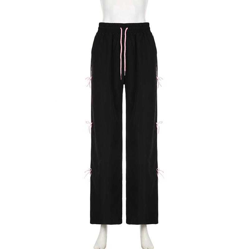 Vår og Sommer Damebukse Ensfarget Stripe Spleising Sløyfedekorasjon Knyting Høy midje Bukser