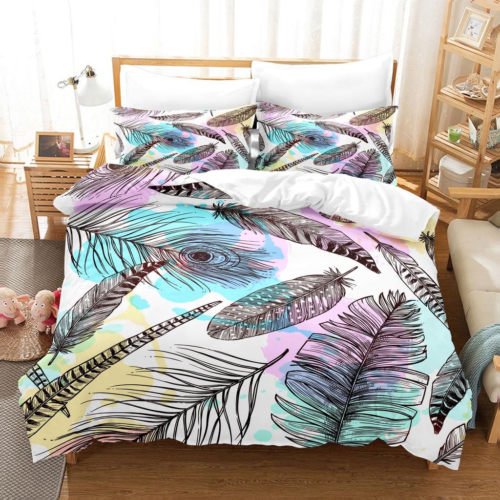 Home Bedding Set Feather Pattern Quilt Cover and Pillow Cover Bedding Set AU/EU/US Full Size Bedding Set