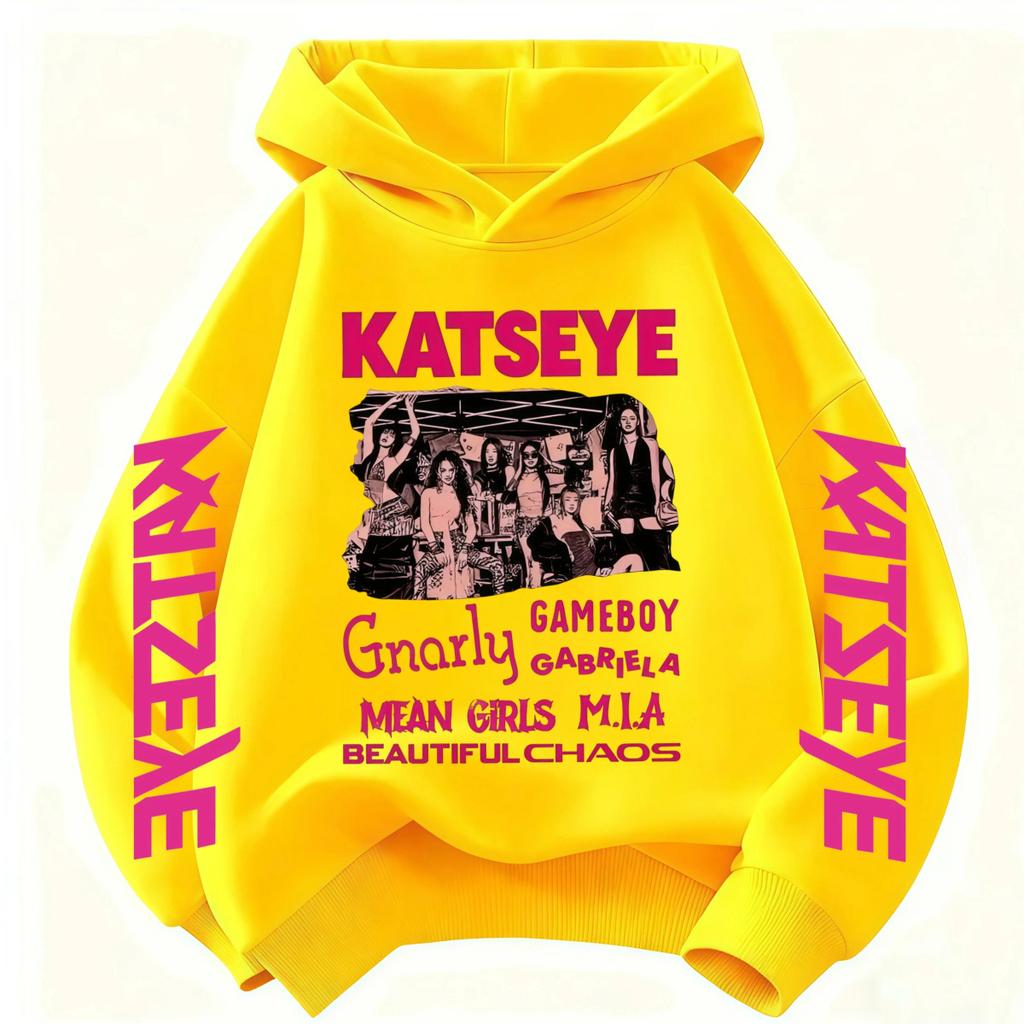 2026 Graphic Print Kids Long Sleeve Sweatshirt NEW Girls Hoodie Katseye Kpop Group Pocket Loose Casual Children Light Blue Top