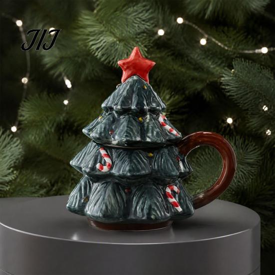 Christmas Tree Coffee Mug with Star Lid, 340ml Festive Holiday Cup for Hot Themed Beverage Drinkware Cocoa And Milk, Retro Curved Handle Microwave