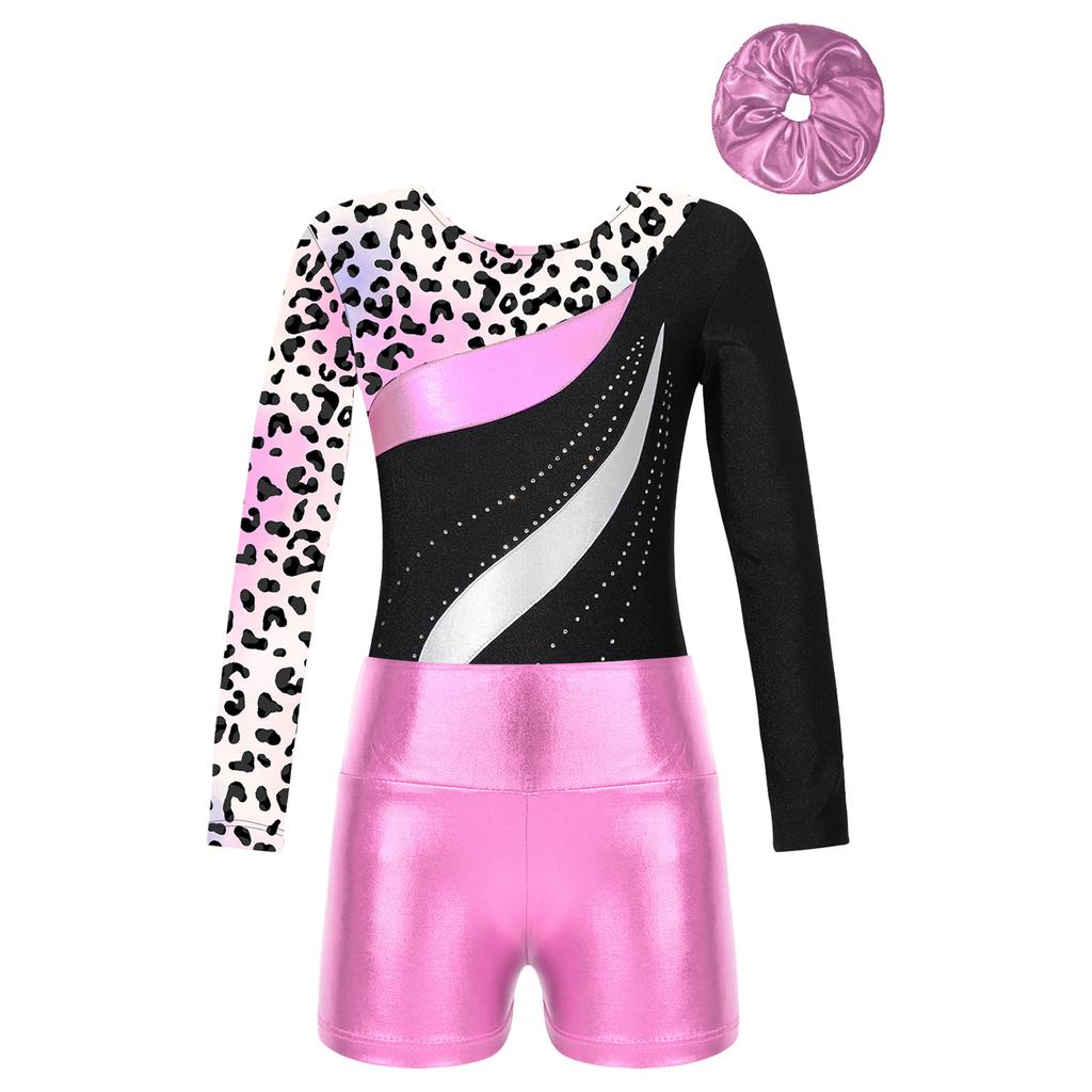 Girls Dance Set Long Sleeve Round Neck Printed Patchwork Leotard Metallic High Waist Shorts Hair Tie Headwear