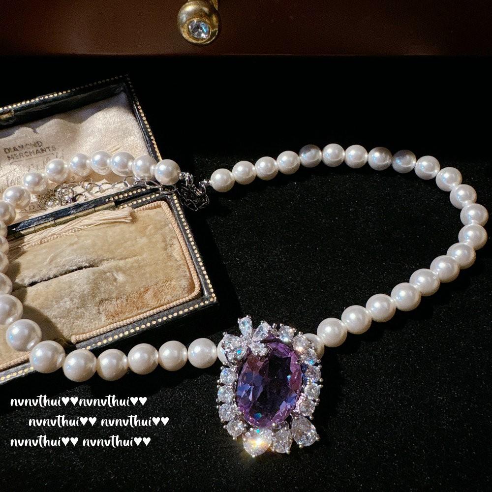 Lavender Purple Egg-Shaped Gemstone Petal Pearl Necklace, Papalacha, Princess Pink Purple Flower Zircon, Bracelet.