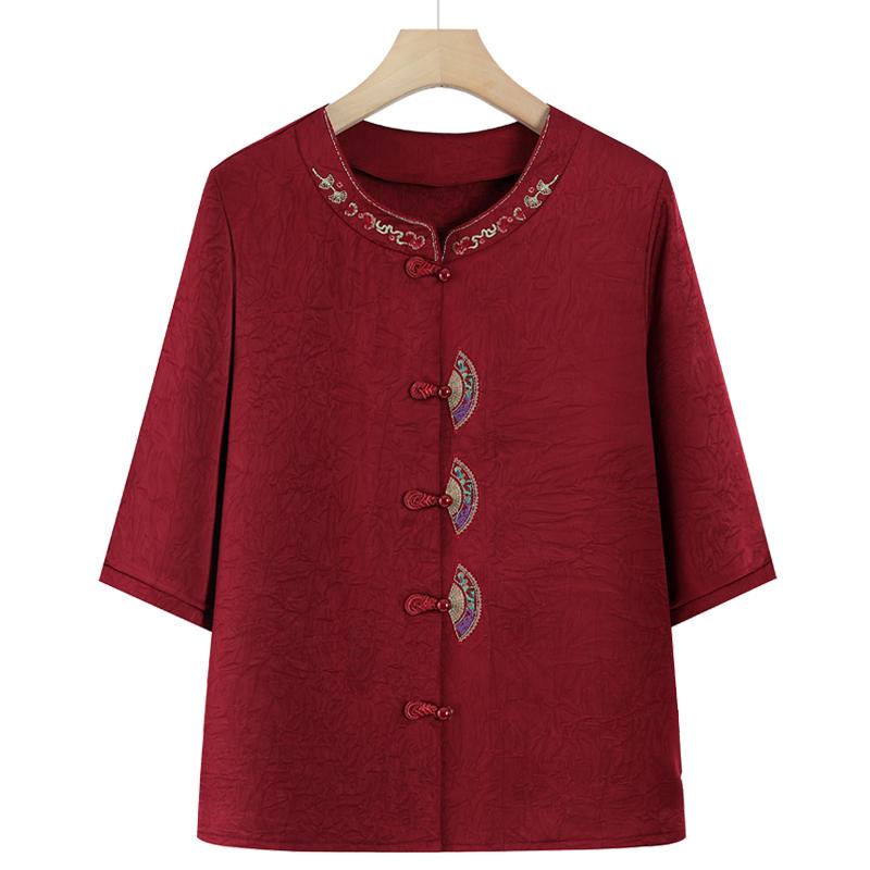 

Embroidered Mid-Sleeve Tang Style Shirt for Women - Stylish Summer Top for Middle-Aged and Elderly 4XL (Recommended 130-145 jin)