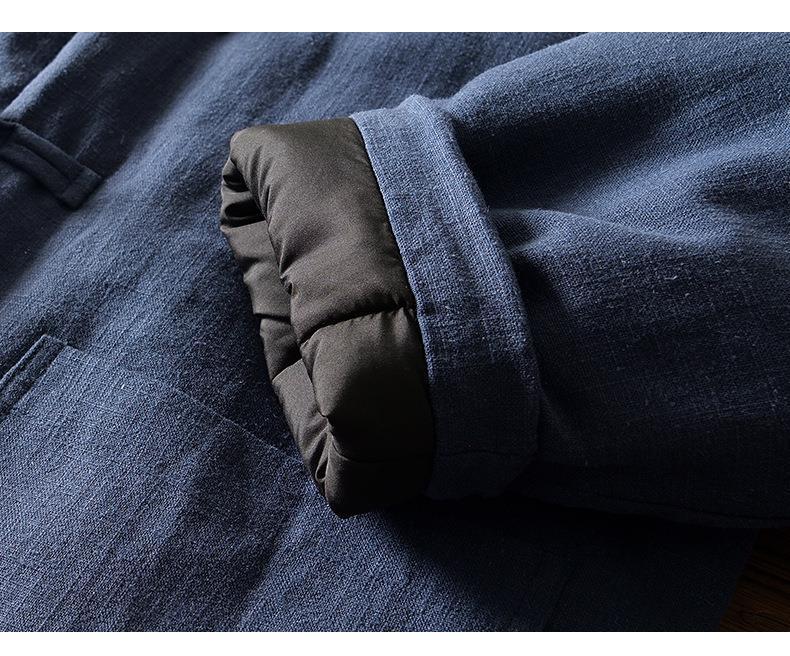 Men's Winter Fleece-Lined Ramie Cotton Coat with Chinese Frog Buttons