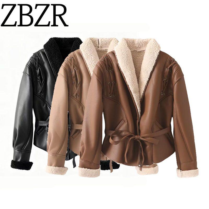Za New Fall Women's Clothing 2025 Fashion Style Fashion Suede Faux Lamb Wool Jacket Shoelace Short Coat