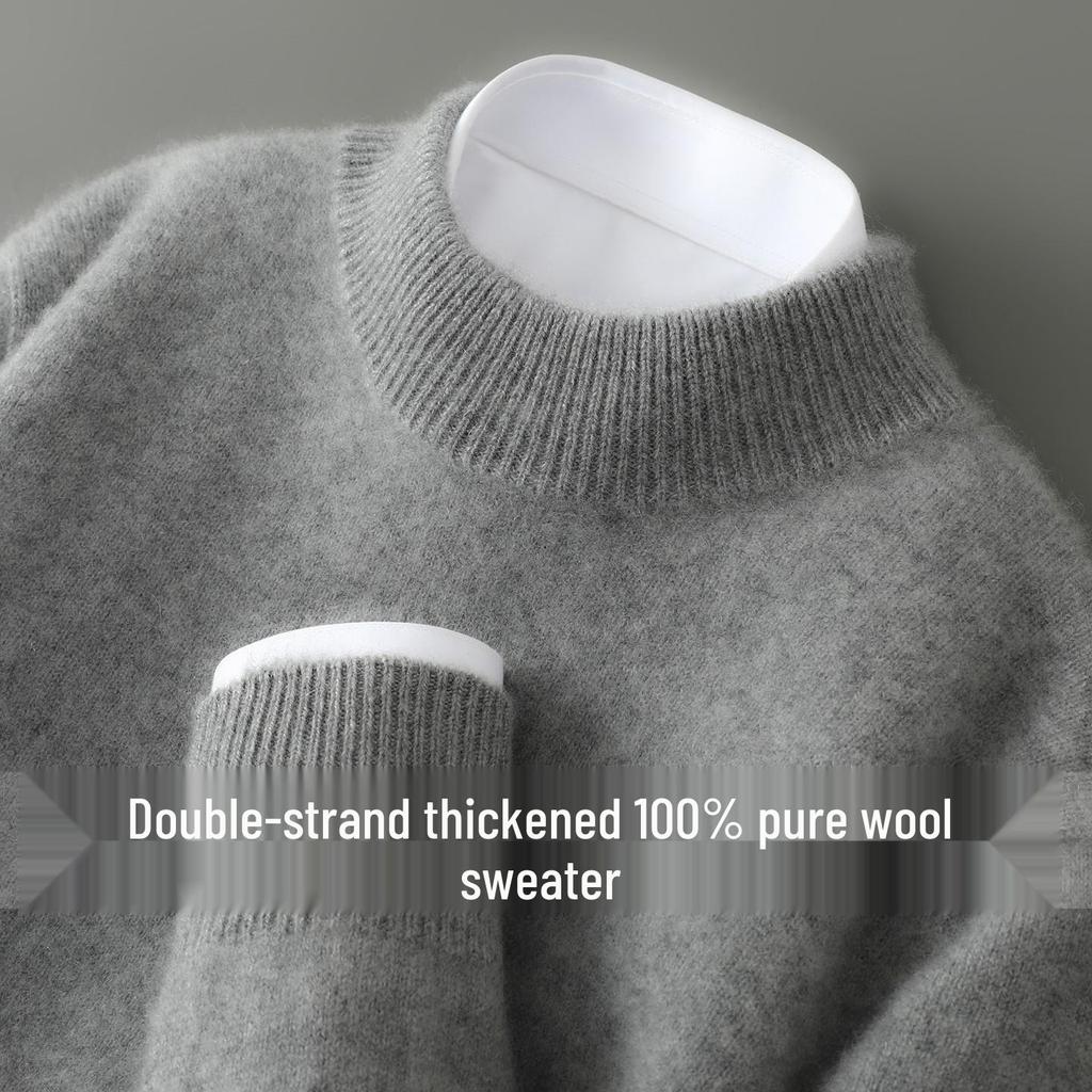 Men's 100% Pure Wool Half-High Collar Thick Pullover - Casual Loose Knit Base Layer Sweater for Autumn/Winter