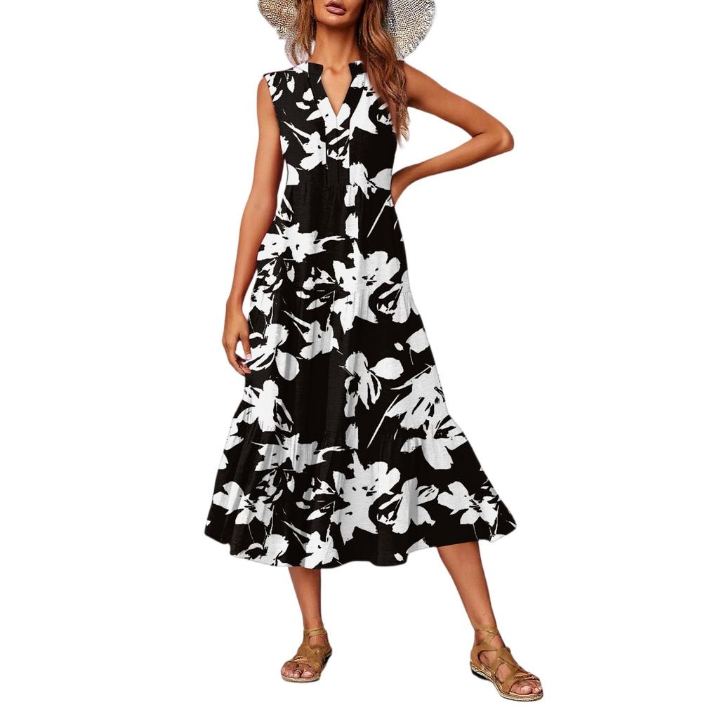 Women's Casual And Fashionable V-neck  Sleeveless Printing Mid Length Dress