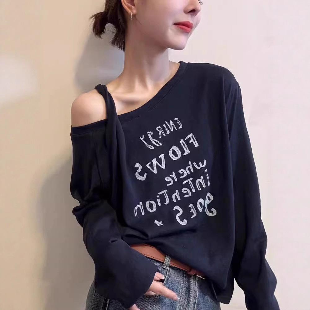 [Lazy cotton 65 cotton 35 polyester] Slant neck off-the-shoulder letter printed T-shirt loose and versatile long-sleeved autumn bottoming shirt