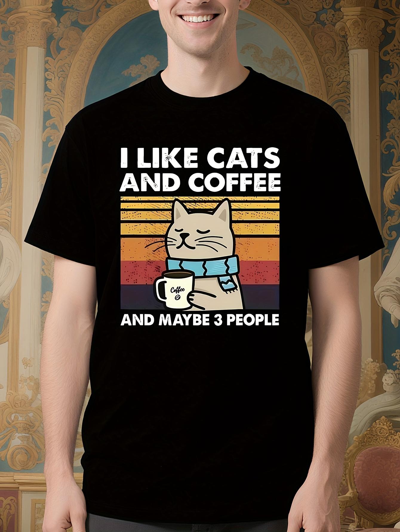 Funny Cat and Coffee Lover Graphic Tshirt - Black Tee wit... XL
