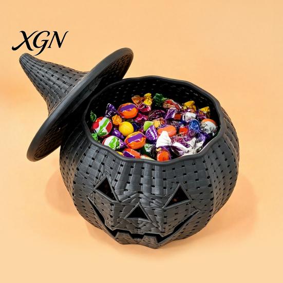 Functional Witch Theme Ornament Halloween Pumpkin Candy Jar, 3D Printed Woven Storage Container with Hat Lid, Ghost Face Desktop Ornament, Festive