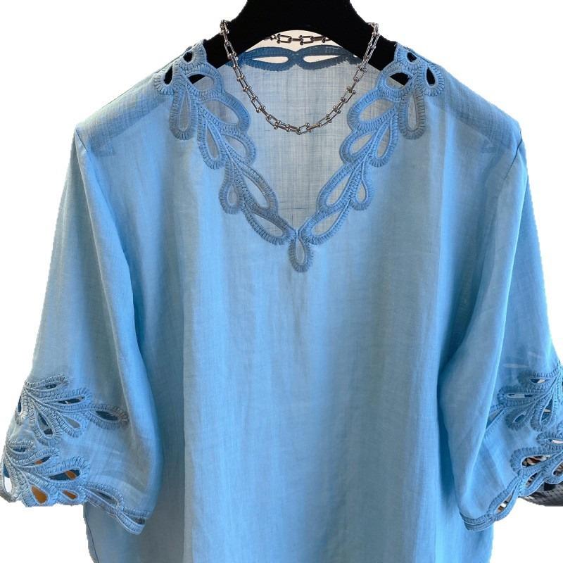 Women Blue Lace Hollow Out Loose Casual Summer Blouse Shirt