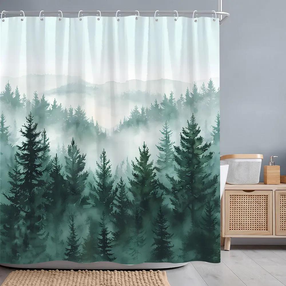 Misty Forest Shower Curtain Dreamy Rainforest Watercolour Print Polyester Fabric Shower Curtains Bathroom Decoration with Hooks