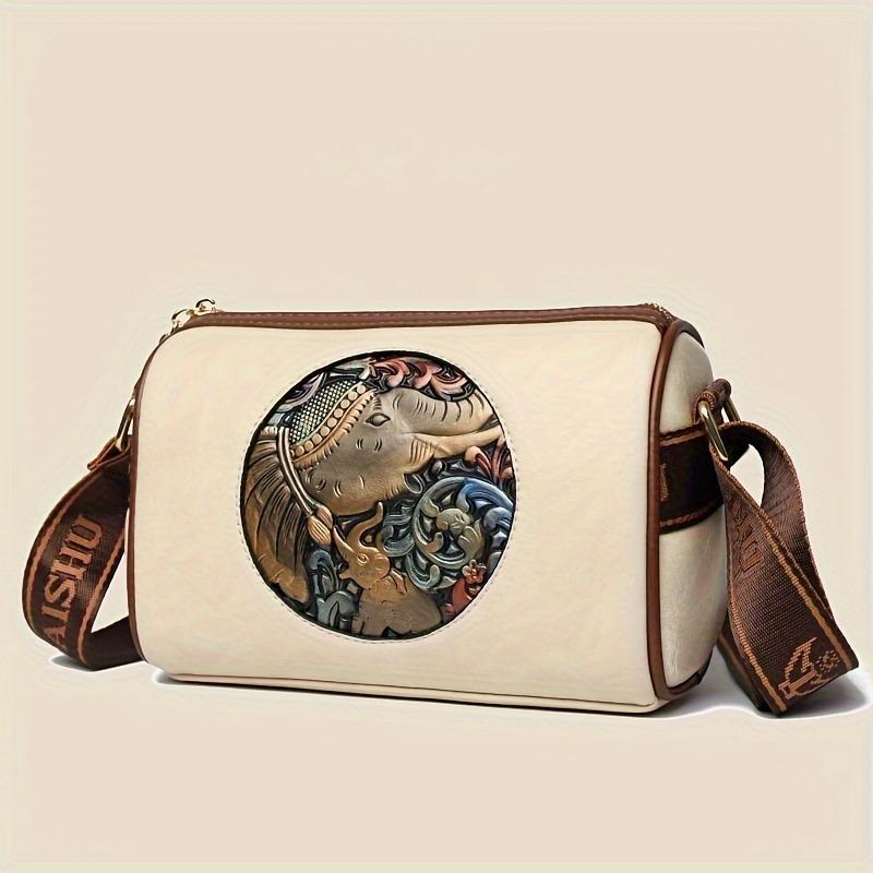

Stylish Pillow Shoulder Bag, Large Capacity, Vintage Ethnic Style with An Elephant Pattern, Suitable for Commuting Daily Use білий