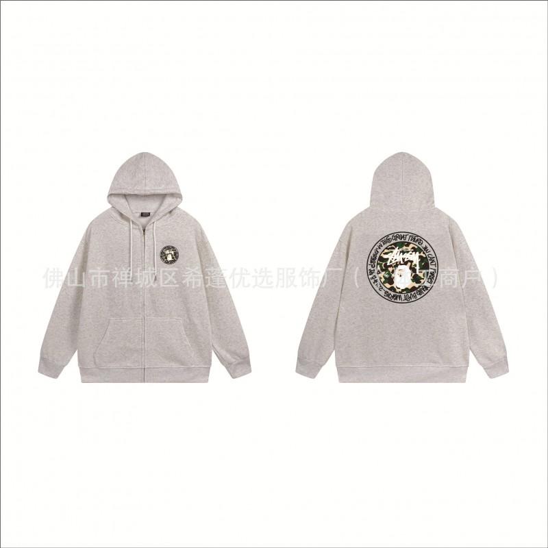 Stu Unisex Hooded Zip-Up Sweatshirt With Letter Print Fleece-Lined Oversized Fit Winter Casual Wear