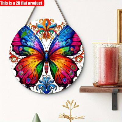 2D plochý 20*20cm 1ks Vintage styl Motýl s designem duhových křídel Závěsné dřevěné umění Dekorativní talíře, dekorativní značení Vhodné do ložnice
