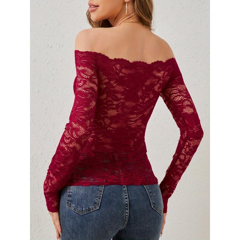 Pure Desire Spice One Line Neck Lace Top Women's New Sexy Slim V-neck with Elegant Off-the-shoulder Long Sleeve T-shirt