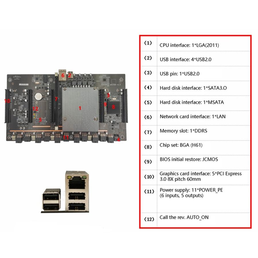 BTC Mining Motherboard BTC79X5 V1. 0 LGA 2011 DDR3, Supports 32GB, 60mm Pitch, Supports RTX3060 Graphics Card for BTC Miner