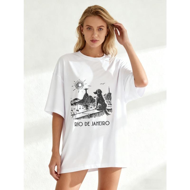 T-shirt Oversize Nera Scena Spiaggia Rio De Janeiro Con Cane E Cristo Redentore Stampa Casual Abbigliamento Estivo