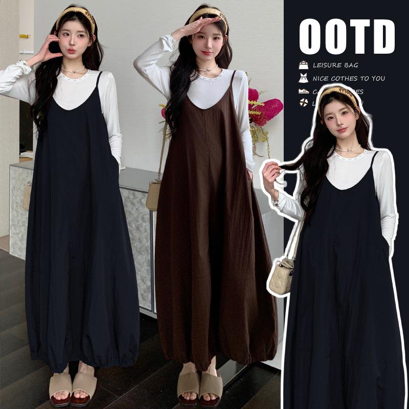 

2026 Maternity Two-Piece Set: Long-Sleeve Shirt and Adjustable Loose Suspender Dress XL