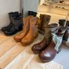 Vintage bælte spænde lærred med koskind mid-længde støvler til kvinder, ny forårs tyk hæl Western denim støvler, stabelhæle