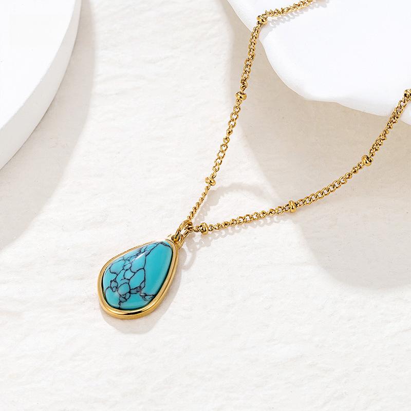 Water Drop Turquoise Oval Pendant Necklace Women'S Niche Light Luxury High-End Collarbone Chain Premium Durable