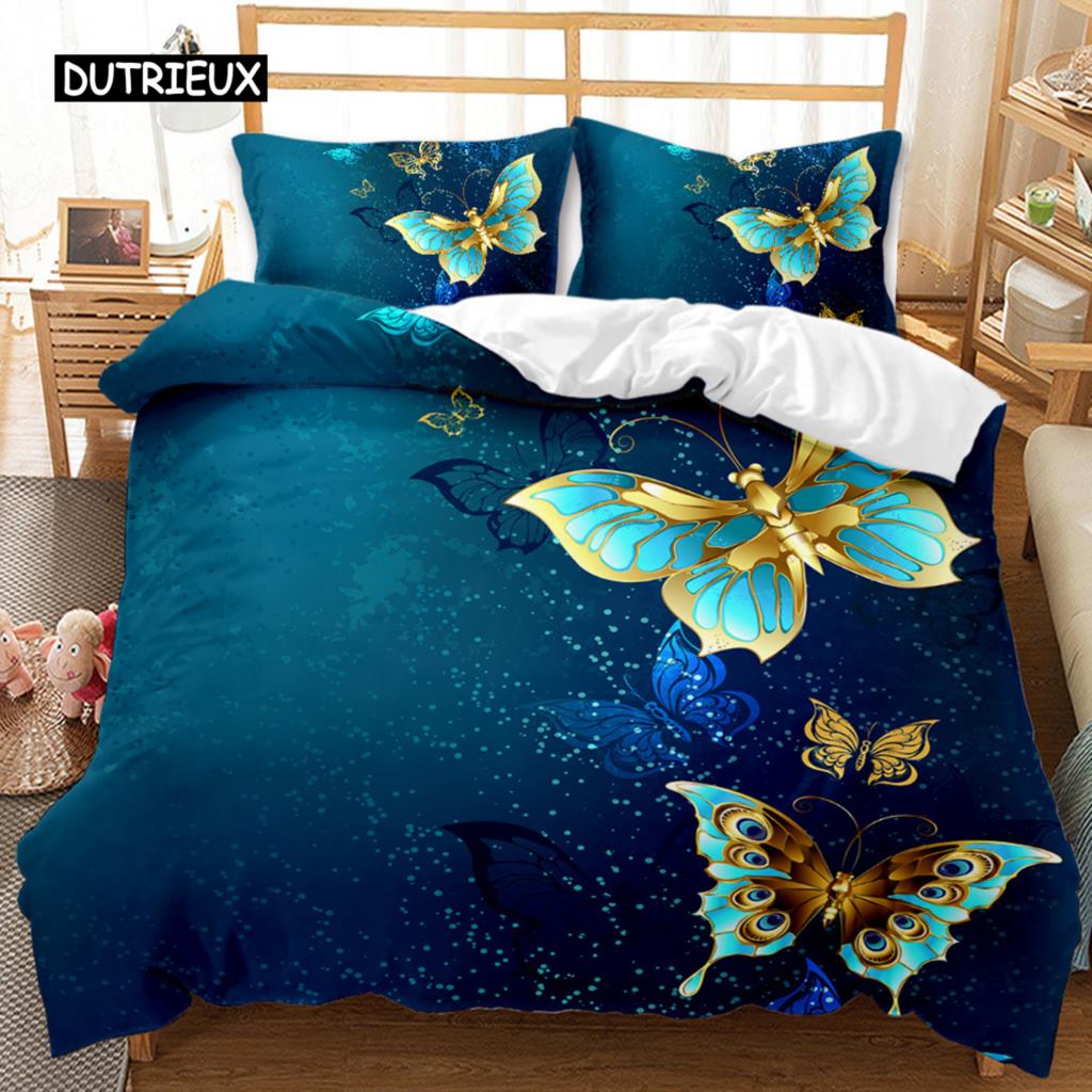 Black Golden Butterfly Duvet Cover Set Pretty Blue Butterfly Bedding Set Women Insect Polyester Comforter Cover for Girls Decor