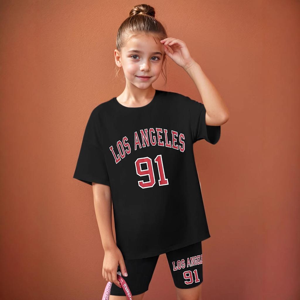Girls Fashion Suit Summer Children's Casual Printed Round Neck Short Sleeve Suit