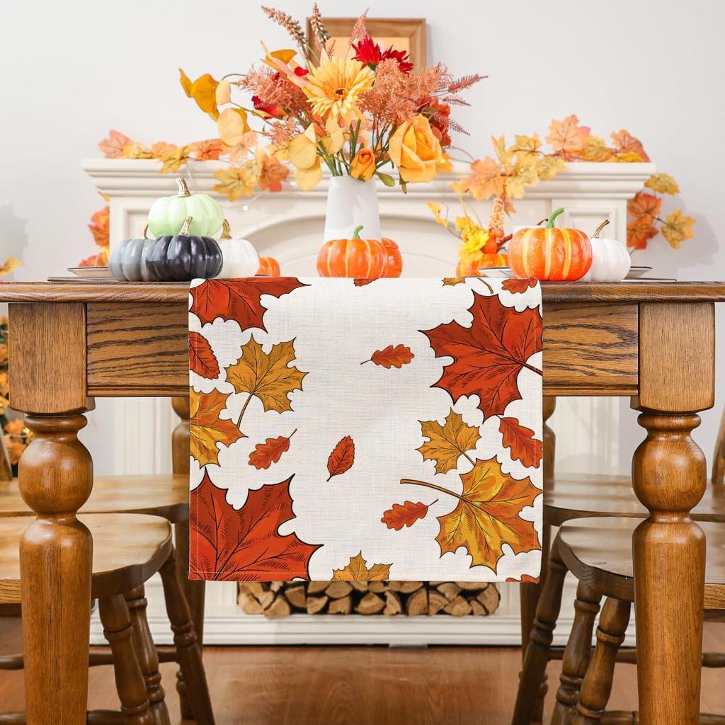 Fall Harvest Maple Leaf Linen Table Runner Holiday Party Decor Reusable Farmhouse Kitchen Dining Table Runner Autumn Decorations