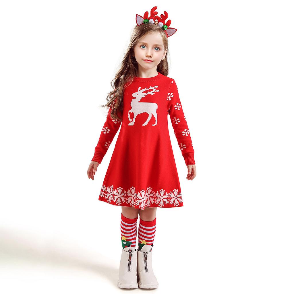Buy Kid Baby Girls Christmas Dress Deer Snowflake Xmas Winter Knit Sweater Dresses at affordable