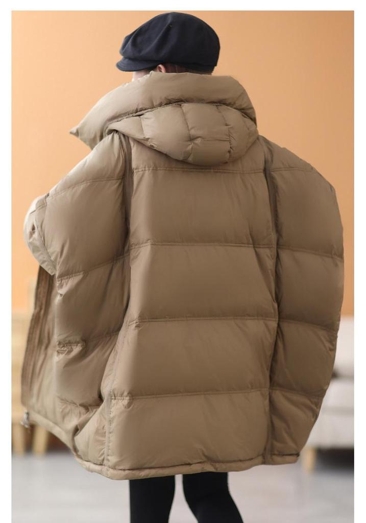 Women's Mid-Length Hooded Patchwork Pendant Down Jacket - Plus Size, Loose Fit, White Duck Down, Autumn/Winter Style