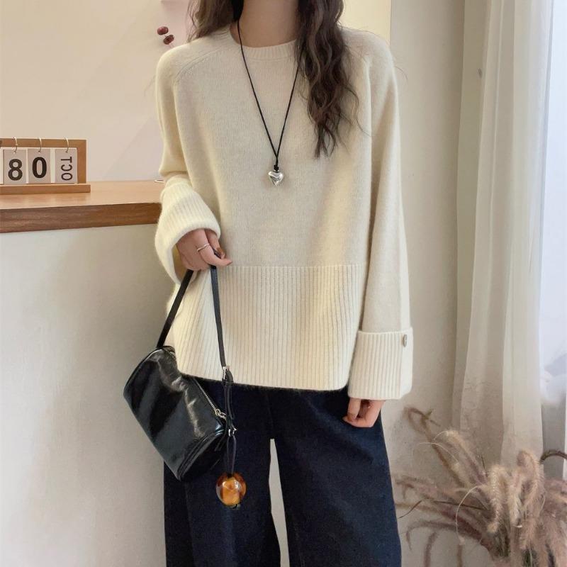 

Autumn Winter Round Neck Solid Color Pullover Knitting Top Women Simple All-match Bottomed Sweater S