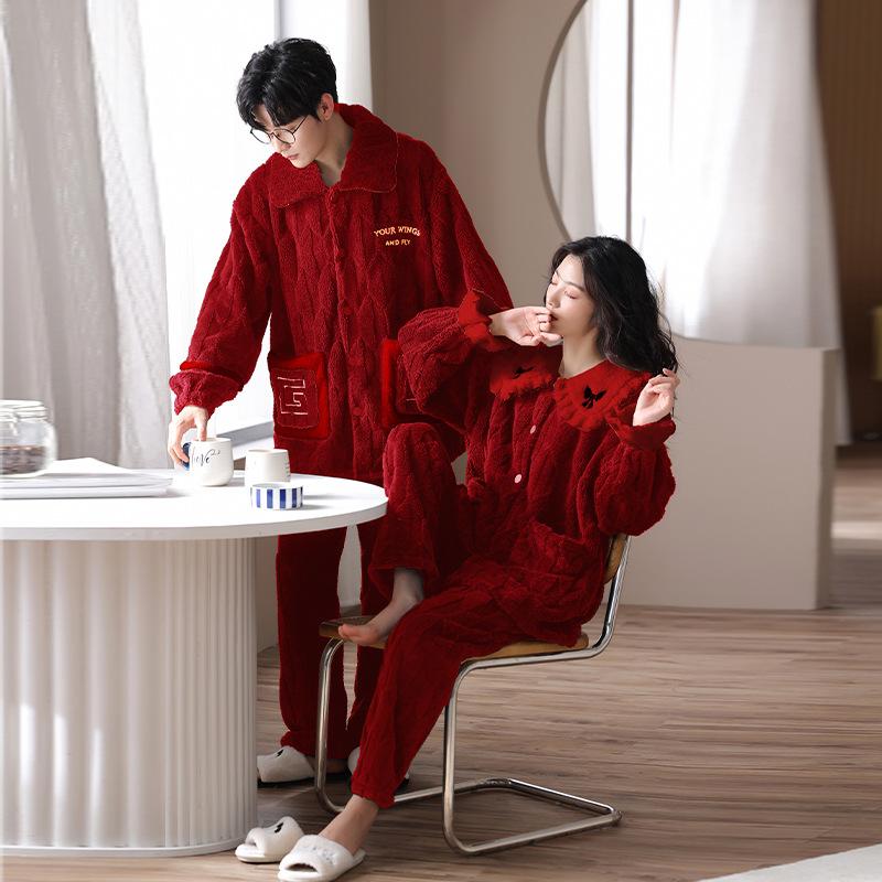 Couple Pajamas Coral Fleece Winter Thickened Fleece Red Natal Year Wedding Warm Loungewear Flannel Suit