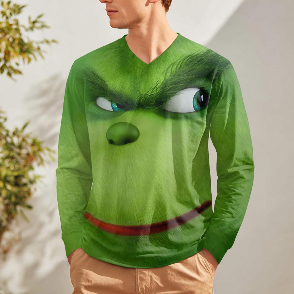 Men's Fashion Printed V-Neck Casual Long-Sleeved T-Shirt Bottoming Shirt Top