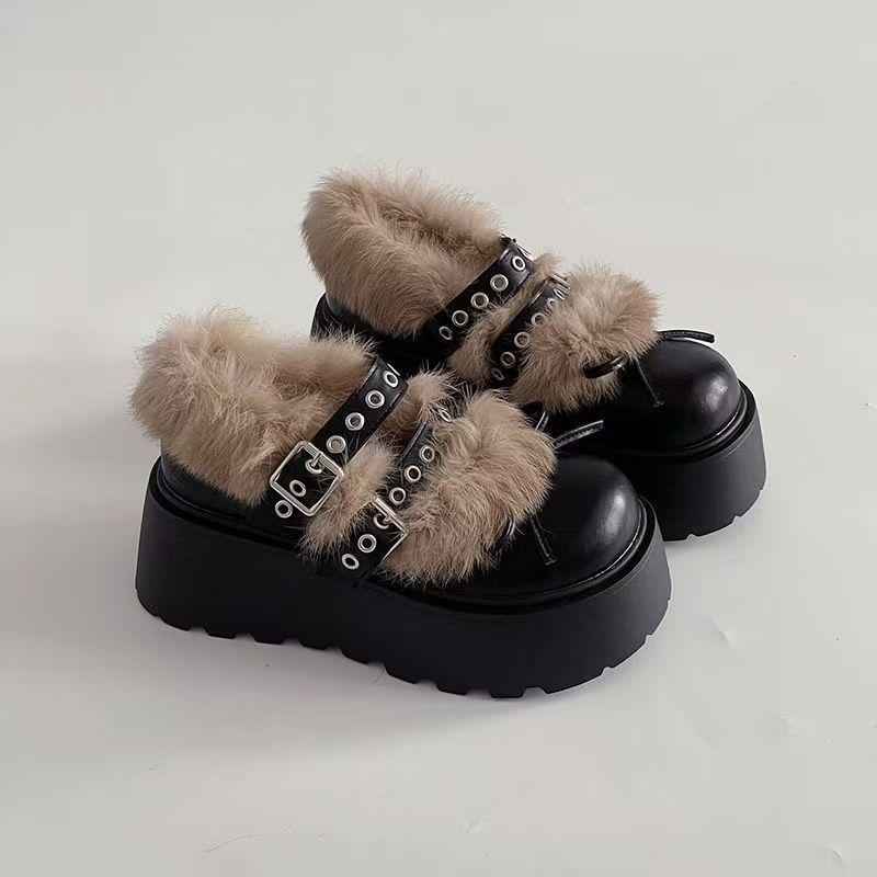Winter small man heightening Birkenstocks velvet loafers small leather shoes platform hairy Mary Jane shoes women