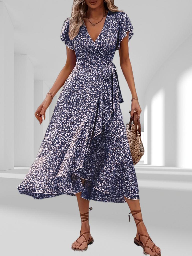 European and American summer floral new vacation short-sleeved temperament waist v-neck wrap dress