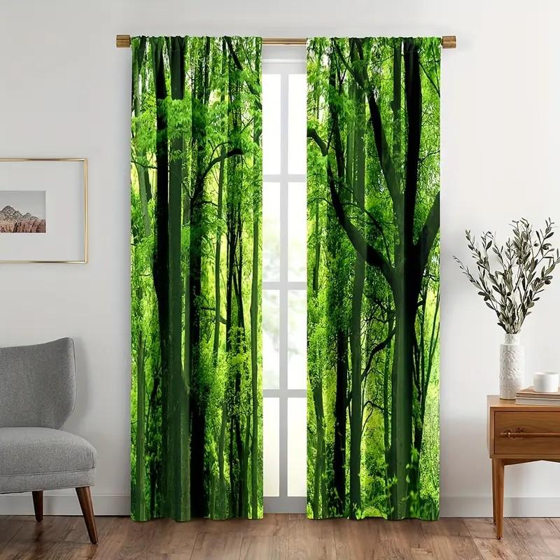 JIT 2pcs Lush Forest Printed Curtain Design for Privacy Polyester Window Decor for Living Room Bedroom Rod Pocket Curtains