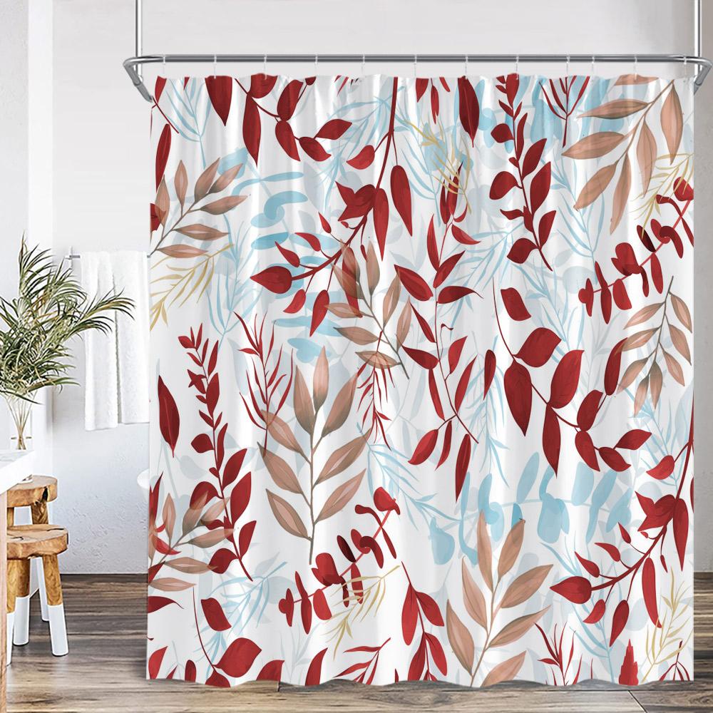 

Floral Leaf Shower Curtain Green Leaves Colorful Flower Plant Nordic Bathroom Decor Modern Polyester Bath Curtain with Hook 90x180cm-35x70in