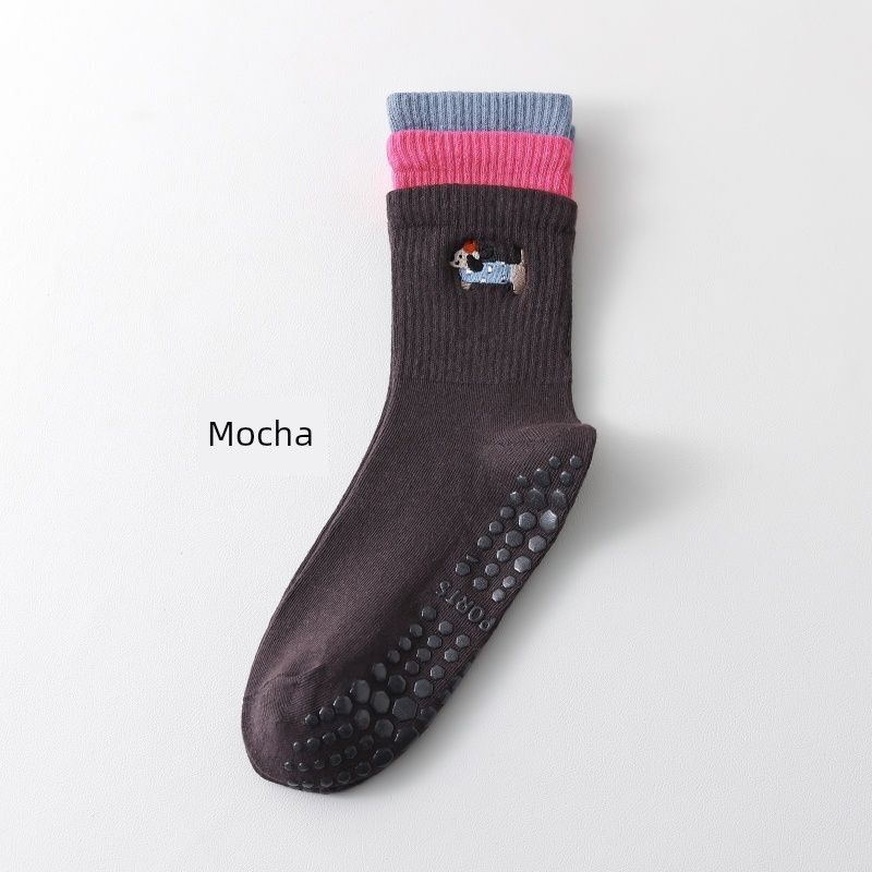 

Screw Type Micro Pressure Embroider Yoga Socks Female Silicone Non Slip Shock Relief Decompression Breathable Pure Cotton Sport Mid-Calf Length Sock 1 Pair [Mocha] free size 36-42