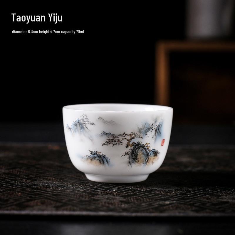 Hand-Painted Ceramic Landscape Teacup - Ice-Type Mutton Fat Jade Finish, Kung Fu Tea Set