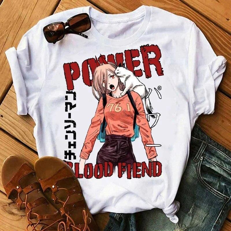 

Футболки с изображением бензопилы унисекс Power с котом в стиле аниме, милые топы, футболки Kawaii, унисекс, повседневная свободная футболка, японская унисексга Denji Aki Makima 4XL