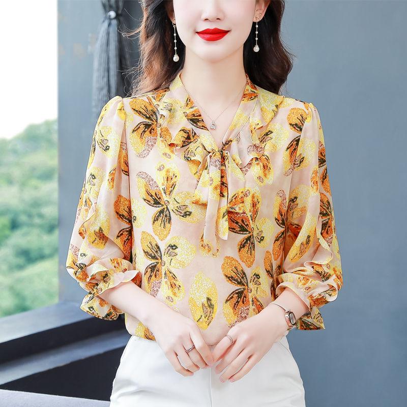 Spring Summer New Bow Tie Chiffon Shirt Women's Three Quarter Sleeve Top Elegant Fashion Floral Printing Chiffon Blouse Femme