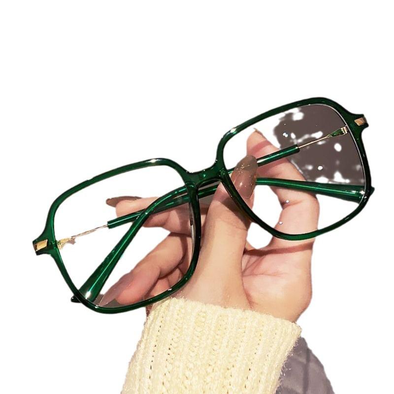 Personalized Anti-Blue Light Square Glasses Frame, Female Round Face, Plain Face And Thin Green Large Frame Flat Light Mirror Frame