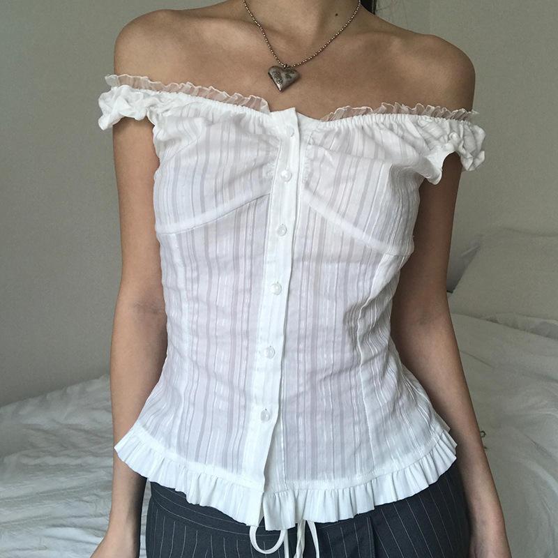 One-word Collar Breasted Vertical Pattern Bubble Sleeve Shirt Temperament Waist Thin Versatile Top